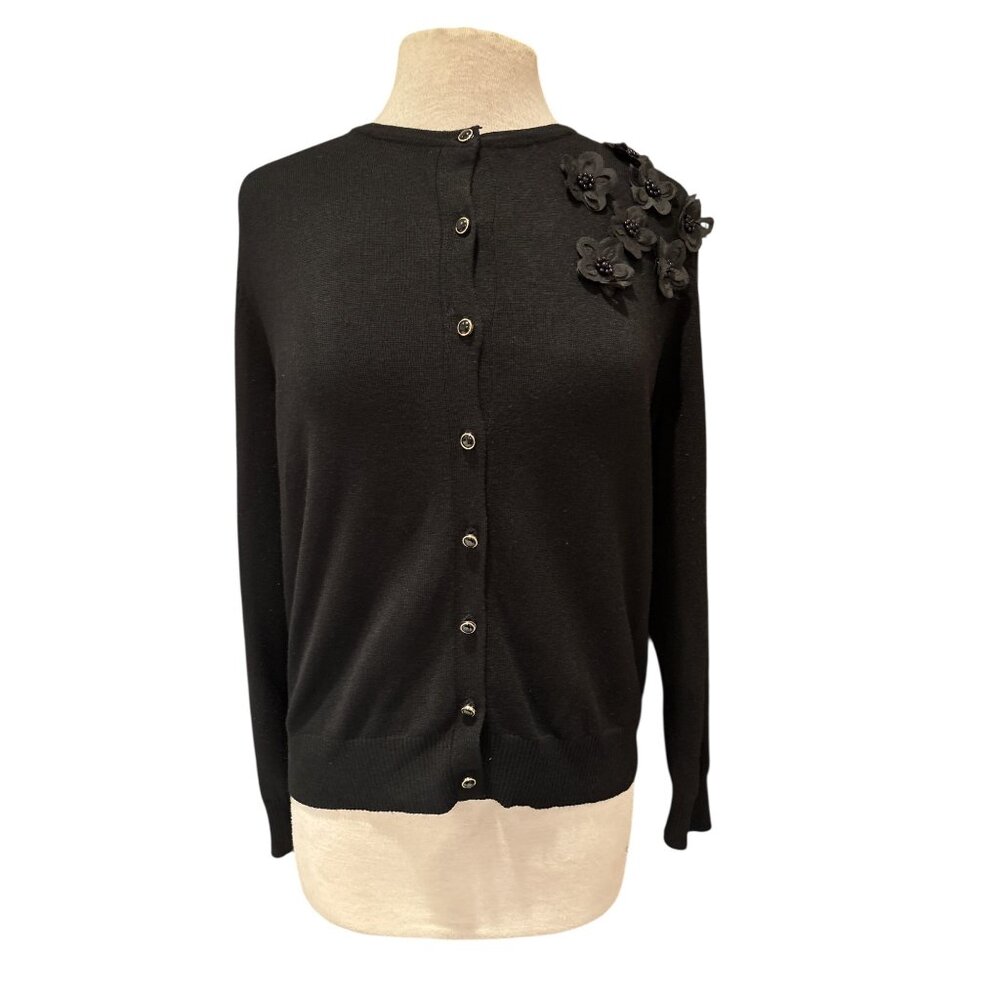 Black Knit Cardigan With Floral Appliques & Bead Detail  Eva & Paige Button-Up S